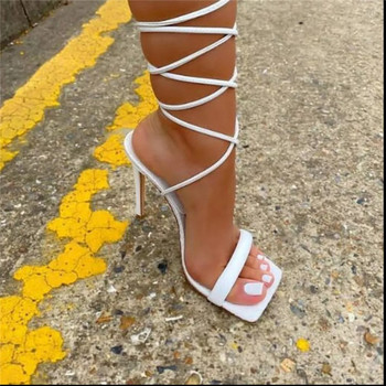 Секси дамски сандали с дантелен ток Ежедневни парти помпи Модни обувки с квадратни токчета с отворени пръсти