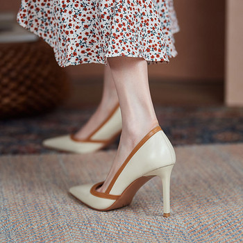 Модни дамски обувки Френски ретро обувки с високи токчета Секси помпи с остри пръсти Дамски дизайнерски луксозни дамски обувки с високи токчета Елегантни плитки помпи
