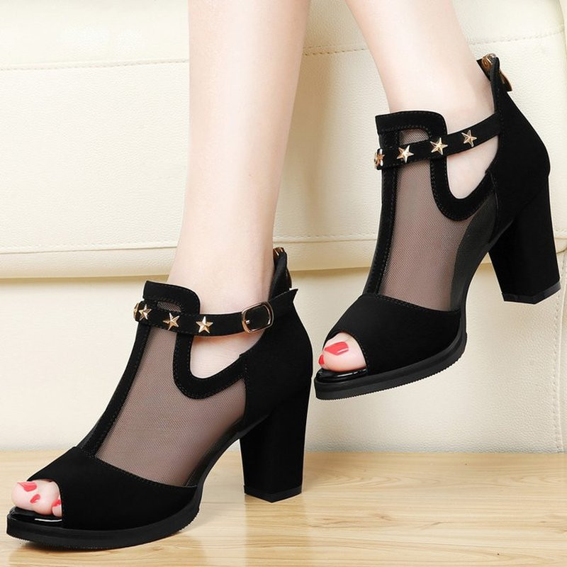 Comemore női pumpák, magas, vastag, fekete sarkú női cipők, szegecses, hálós, cipzáras, nyitott orrú, alkalmi parti, vaskos szandálok, nyári női 2022