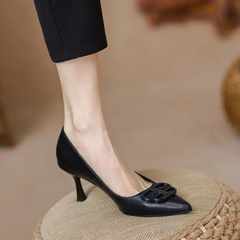 Пролет Есен Дамски обувки Черни обувки с лодка на висок ток Плитки рокли Обувки с остри пръсти Помпи Стилети за жени с тънък ток 1034N