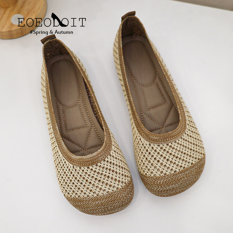 2023 Nové ležérne topánky Patchwork Diery Baleríny Dámske okrúhle špičky Pletené látkové mokasíny Dámske tenisky na plochom podpätku