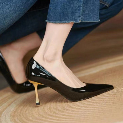 Nové dámske lodičky so špicatou špičkou, vysoké podpätky, lakované kožené spoločenské topánky, zlaté tenké podpätky, základné lodičky, jar/jeseň, 9905N