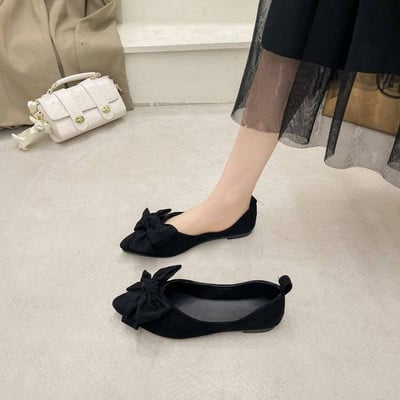 Pantofi cu talpă moale Bean Pantofi de primăvară pentru femei cu vârf ascuțit Pantofi plati cu papion negru Sweet Single Mari 41 43 Pantofi pentru studentă