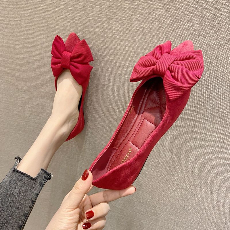 Pantofi cu talpă moale Bean Pantofi de primăvară pentru femei cu vârf ascuțit Pantofi plati cu papion negru Sweet Single Mari 41 43 Pantofi pentru studentă