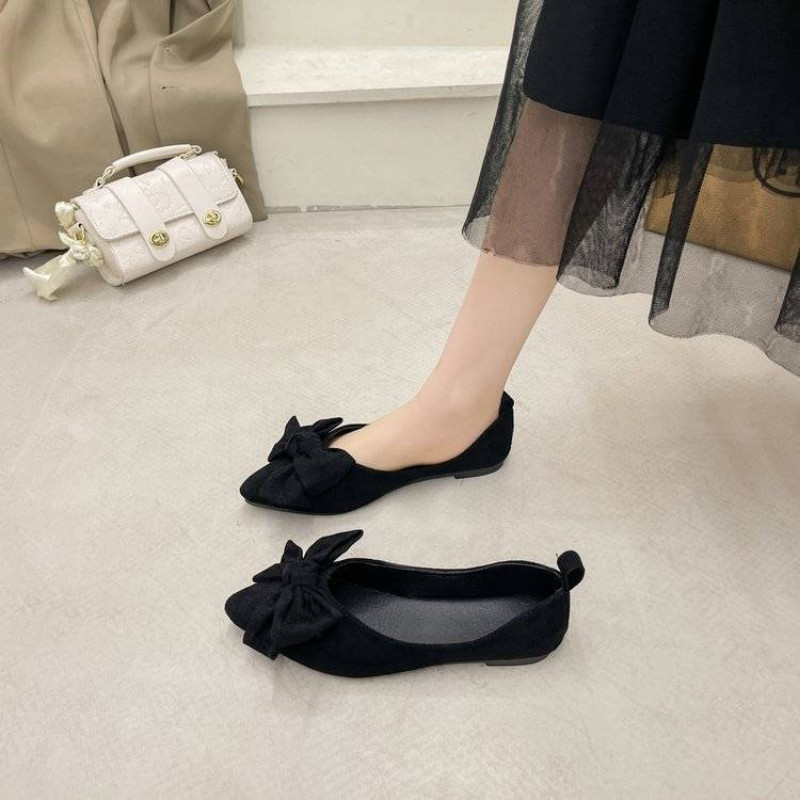 Pantofi cu talpă moale Bean Pantofi de primăvară pentru femei cu vârf ascuțit Pantofi plati cu papion negru Sweet Single Mari 41 43 Pantofi pentru studentă