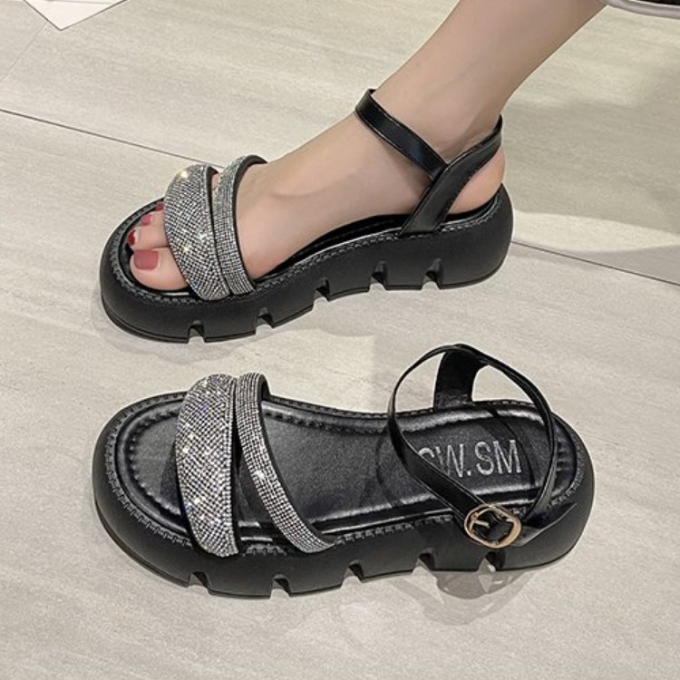 Sequin Dekoratīvās sandales Lielas sieviešu modes universālas platformas Gladiatora kurpes vidēja papēža sandales ar atvērtu purngalu, vienas līnijas sprādzes sandales