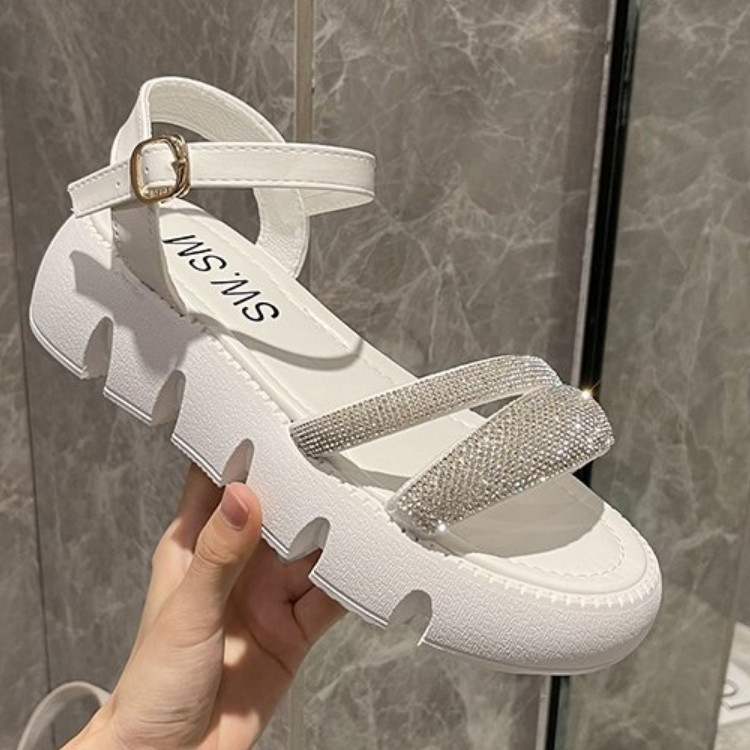 Sequin Dekoratīvās sandales Lielas sieviešu modes universālas platformas Gladiatora kurpes vidēja papēža sandales ar atvērtu purngalu, vienas līnijas sprādzes sandales