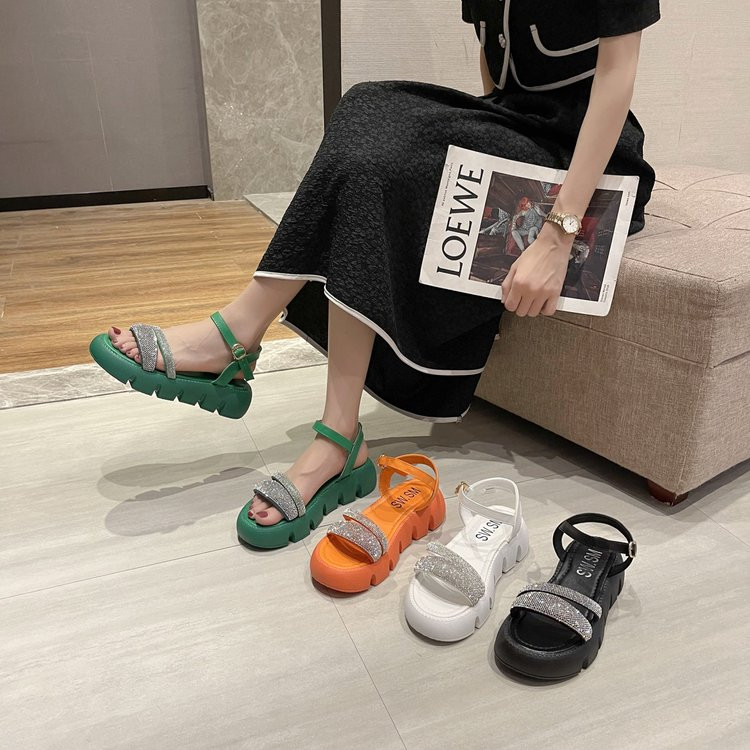 Sequin Dekoratīvās sandales Lielas sieviešu modes universālas platformas Gladiatora kurpes vidēja papēža sandales ar atvērtu purngalu, vienas līnijas sprādzes sandales