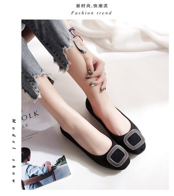 Lady Ballet Flat Παπούτσια Γυναικεία Flat Heel Παπούτσια Τετράγωνη κεφαλή Flock Δερμάτινη μεταλλική διακόσμηση Slip Παπούτσια Lolita Zapatos De Mujer Flats