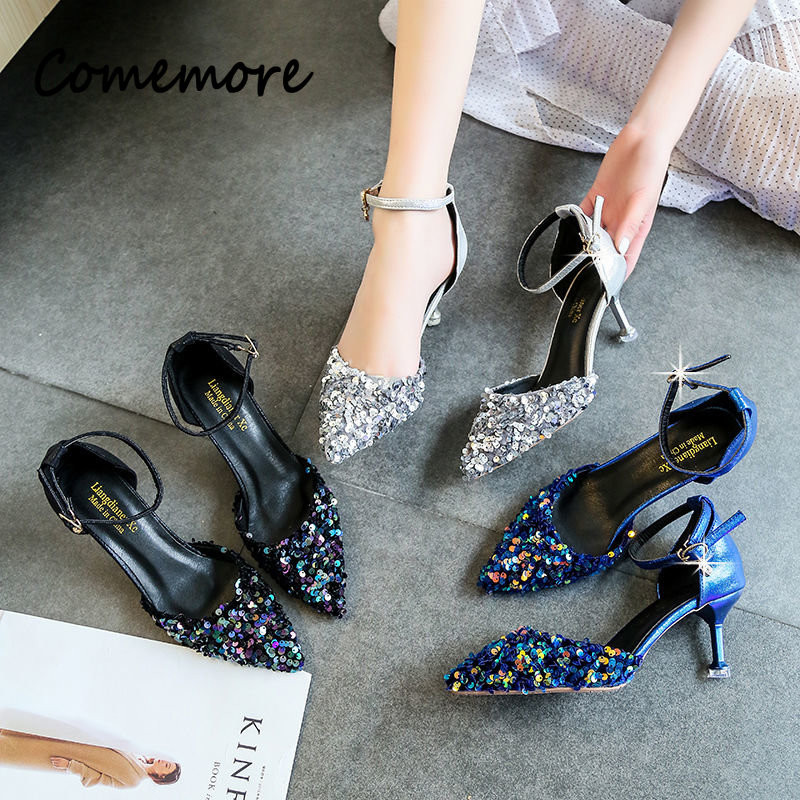 Comemore 2023 Nová móda Dámske vysoké podpätky Elegantné spoločenské sandále Dámske svadobné topánky na podpätku s flitrami a špicatou špičkou, lodičky, topánky 34