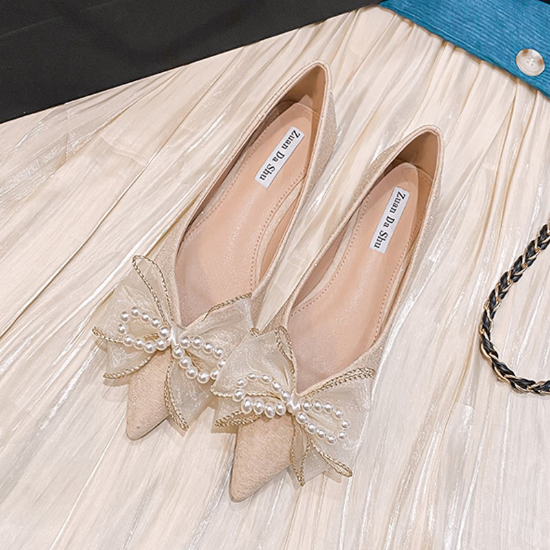 Primavara/Toamna 2023 Noua pantofi pentru domnisoara de onoare Butterfly-kont Pantofi individuali cu perla ascutita Pantofi plati pentru femei marime mare Pantofi pentru femei Mocasini femei