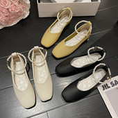 Tavaszi őszi női lapos fűzős gyöngyszíj egyszemélyes cipők négyzetes orrú csúszás gyöngyös bokapántos esküvői cipő Zapatos Mujer 9803C