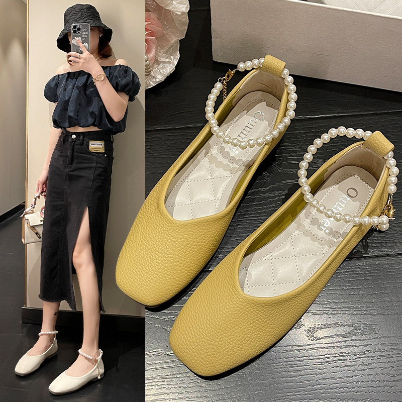 Tavaszi őszi női lapos fűzős gyöngyszíj egyszemélyes cipők négyzetes orrú csúszás gyöngyös bokapántos esküvői cipő Zapatos Mujer 9803C