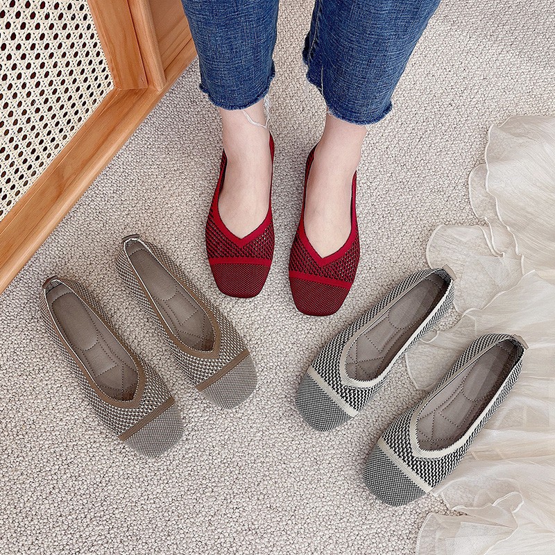 Tavaszi Nyári Loaferek Négyzet orrú kötögetők Balett laposok mokaszinok Cipők Csúszásmentes női alkalmi cipők