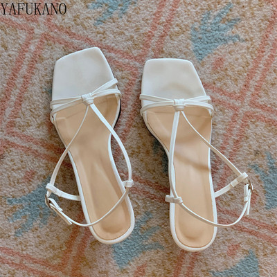 Detaliu nod Sandale stiletto cu curele la gleznă cu vârf deschis Sandale gladiator cu bandă îngustă cu vârf pătrat retro Pantofi Roma casual în aer liber