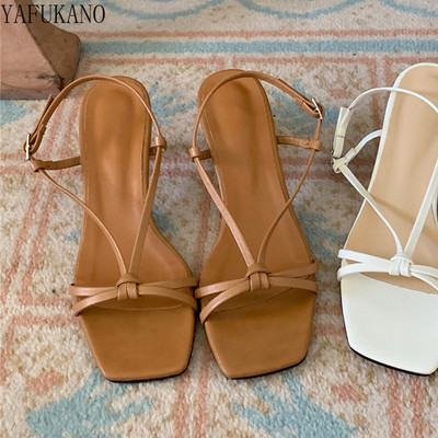 Detaliu nod Sandale stiletto cu curele la gleznă cu vârf deschis Sandale gladiator cu bandă îngustă cu vârf pătrat retro Pantofi Roma casual în aer liber