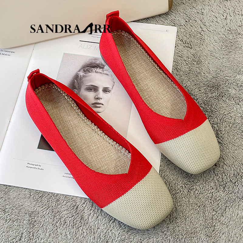 Patchwork kötött cipők Légáteresztő sztreccs balett lapos Női alkalmi cipők Puha négyzet orrú csónakcipők