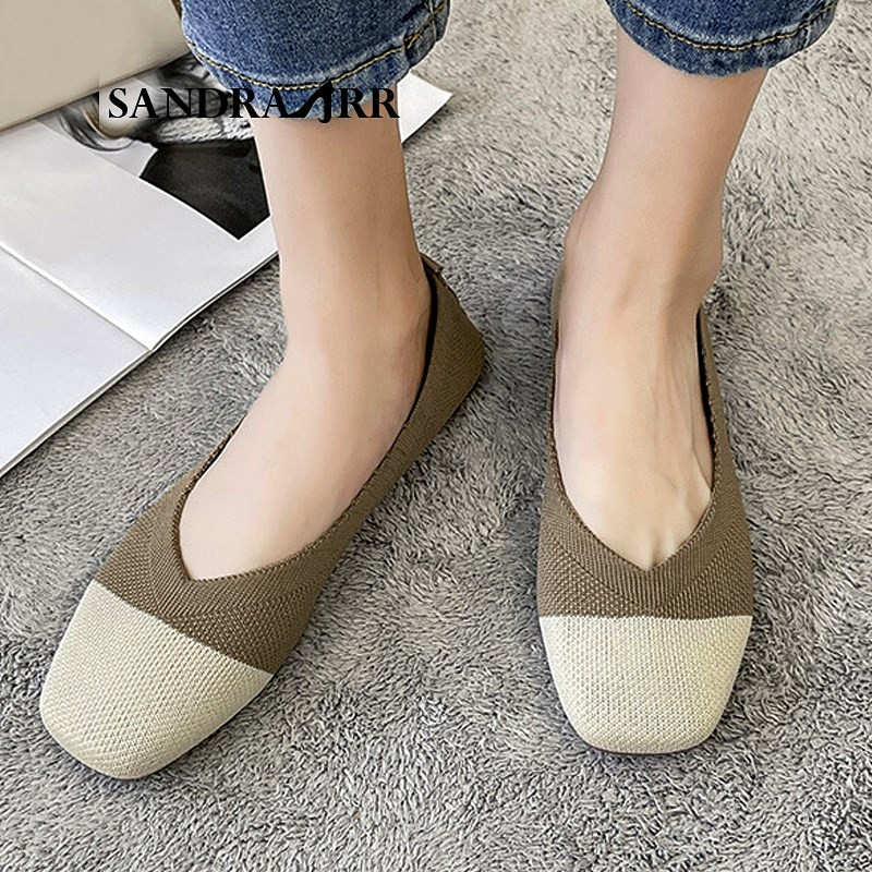 Patchwork kötött cipők Légáteresztő sztreccs balett lapos Női alkalmi cipők Puha négyzet orrú csónakcipők