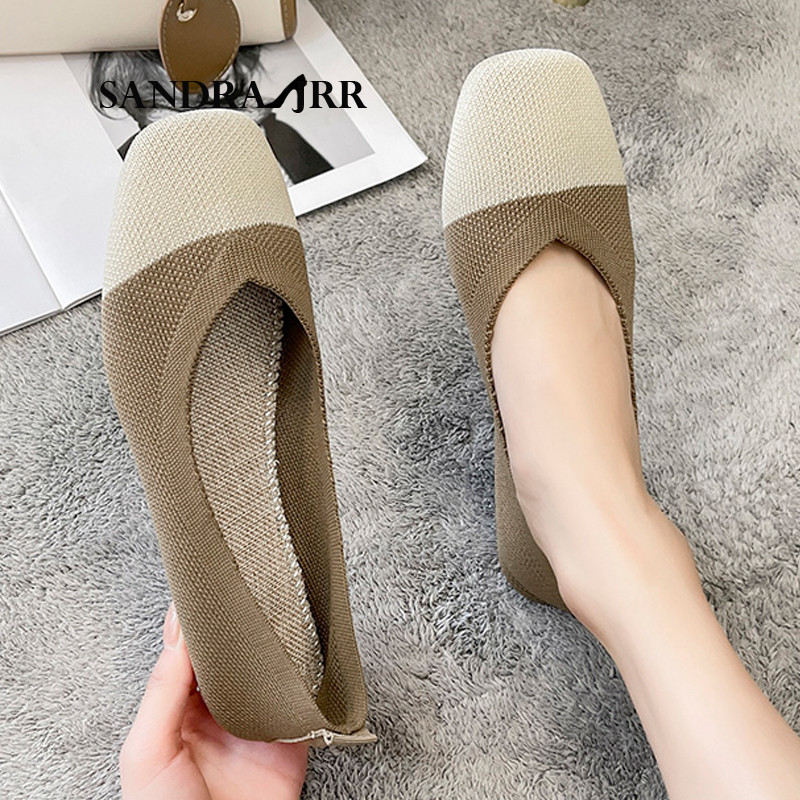 Patchwork kötött cipők Légáteresztő sztreccs balett lapos Női alkalmi cipők Puha négyzet orrú csónakcipők