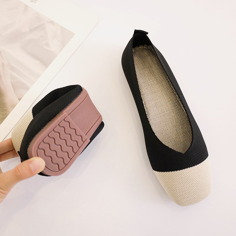 Patchwork kötött cipők Légáteresztő sztreccs balett lapos Női alkalmi cipők Puha négyzet orrú csónakcipők