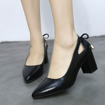 Висококачествени дамски помпи Едноцветни квадратни високи токчета 6CM Модни черни кожени плитки сватбени обувки Дамски големи размери 44