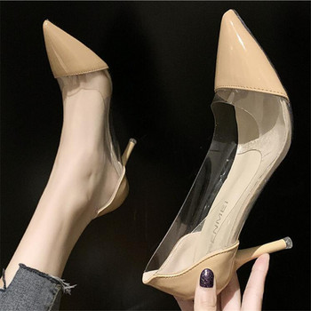 Най-новата мода за 2020 г. Дамски обувки с високи токчета Луксозна марка Ексклузивни кожени и PVC помпи с остри пръсти Обувки за рокля 8CM размер 34-39