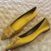 Pavasaris/rudens Rhinestones Kvadrātveida poga ar smailiem purngaliem, plakaniem apaviem Sieviešu Sarkani Shllow Kāzu Līgavas māsu zoles Viegli sieviešu apavi