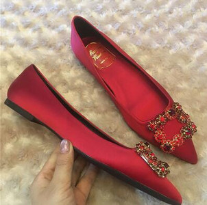 Pavasaris/rudens Rhinestones Kvadrātveida poga ar smailiem purngaliem, plakaniem apaviem Sieviešu Sarkani Shllow Kāzu Līgavas māsu zoles Viegli sieviešu apavi