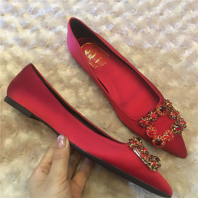 Pavasaris/rudens Rhinestones Kvadrātveida poga ar smailiem purngaliem, plakaniem apaviem Sieviešu Sarkani Shllow Kāzu Līgavas māsu zoles Viegli sieviešu apavi