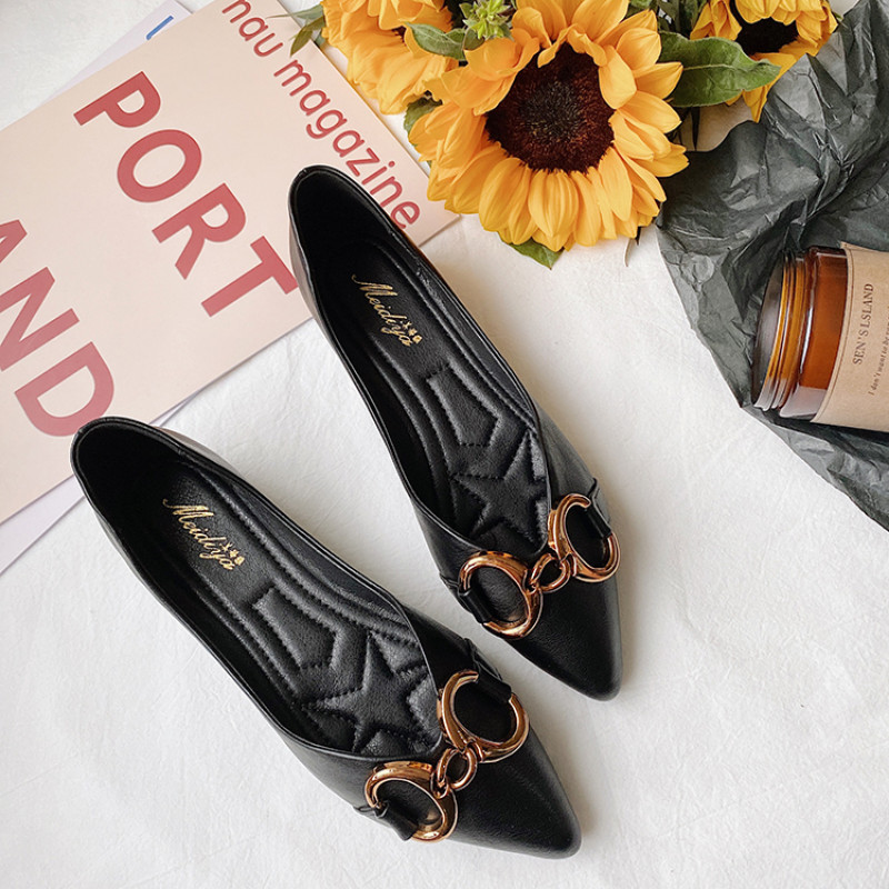 Koreai változat Sekély női cipők tavaszi/nyári új retro fém csatos hegyes orrú lapos cipők Női Zapatos De Mujer naplopók