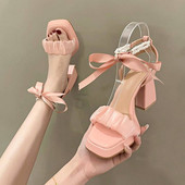 Dámske pohodlné sandále, luxusné, letné, 2022, blokové podpätky, oblek, dámske, béžové, módne, nové, s mašľou, hrubé, dievčenské, vysoké, sexy, perlové