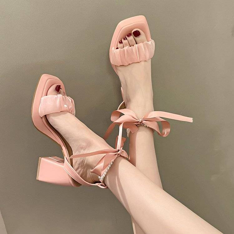 Dámske pohodlné sandále, luxusné, letné, 2022, blokové podpätky, oblek, dámske, béžové, módne, nové, s mašľou, hrubé, dievčenské, vysoké, sexy, perlové