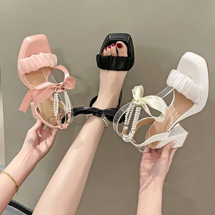 Dámske pohodlné sandále, luxusné, letné, 2022, blokové podpätky, oblek, dámske, béžové, módne, nové, s mašľou, hrubé, dievčenské, vysoké, sexy, perlové