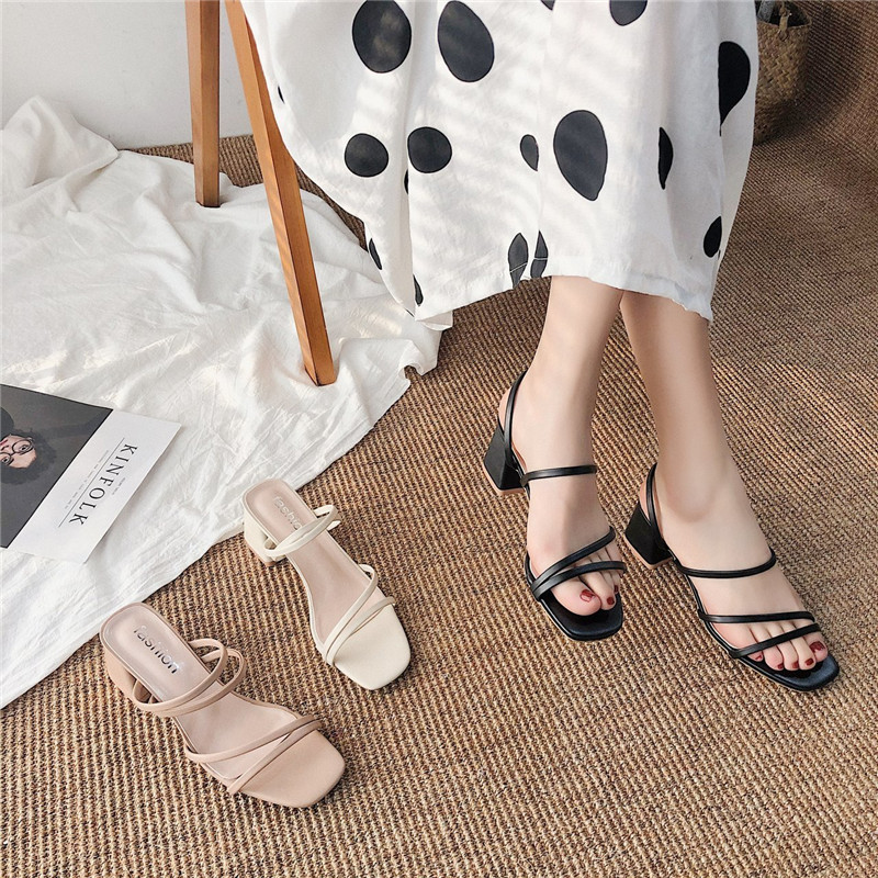 Sieviešu sandales, 2022. gada seksīgi kvadrātveida papēži vasaras kurpes Sieviešu čības, krustā sasietas, ādas sieviešu slaidas, romiešu sieviešu sandales