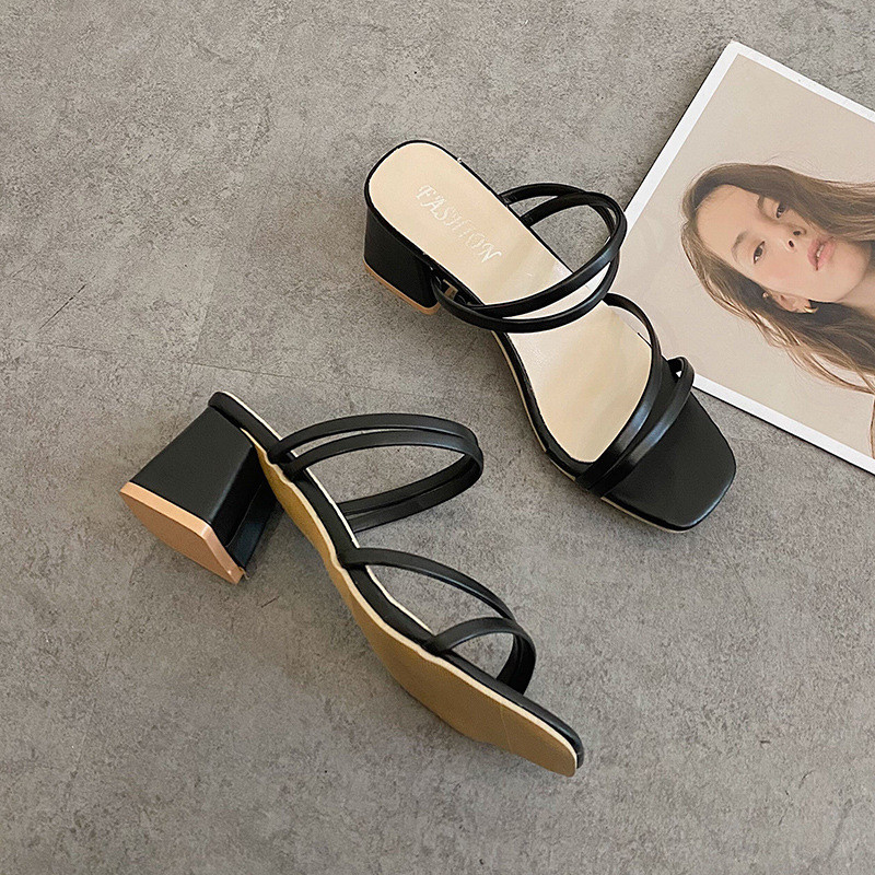 Sieviešu sandales, 2022. gada seksīgi kvadrātveida papēži vasaras kurpes Sieviešu čības, krustā sasietas, ādas sieviešu slaidas, romiešu sieviešu sandales