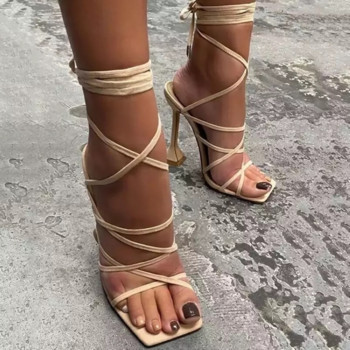 2022 Καλοκαιρινό σέξι κορδόνι με κορδόνια Γυναικεία πέδιλα τετράγωνα δάχτυλα με ακίδα με χιαστί δεμένα παπούτσια για πάρτι Ψηλοτάκουνα Pumps Zapatillas Mujer