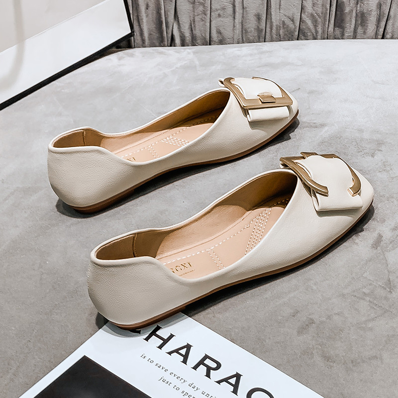 Pantofi plati pentru femei, primăvară/toamnă 2023, pantofi de lucru din piele moale, coreeană, cu cataramă metalică, pantofi cu slip-on, pantofi de barcă de dimensiuni mari.