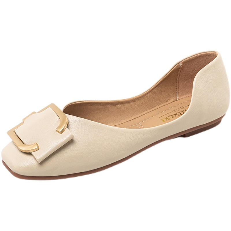 Pantofi plati pentru femei, primăvară/toamnă 2023, pantofi de lucru din piele moale, coreeană, cu cataramă metalică, pantofi cu slip-on, pantofi de barcă de dimensiuni mari.