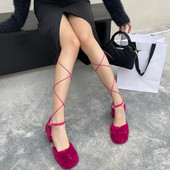 Pantofi pentru femei 2023, la modă, sandale pentru femei, cu blană, sandale cu toc mijlociu, patrat, elegant, pantofi sexy de petrecere