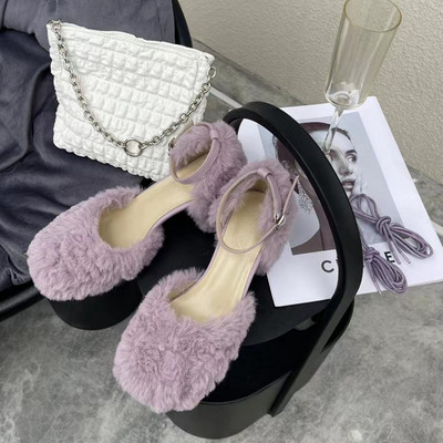 Pantofi pentru femei 2023, la modă, sandale pentru femei, cu blană, sandale cu toc mijlociu, patrat, elegant, pantofi sexy de petrecere