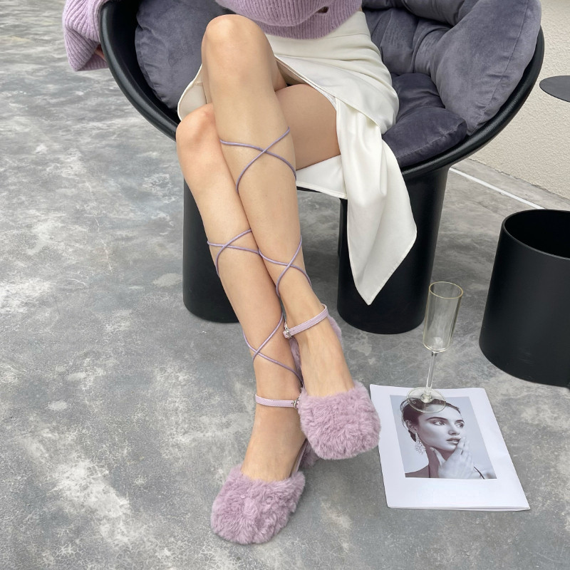 Pantofi pentru femei 2023, la modă, sandale pentru femei, cu blană, sandale cu toc mijlociu, patrat, elegant, pantofi sexy de petrecere