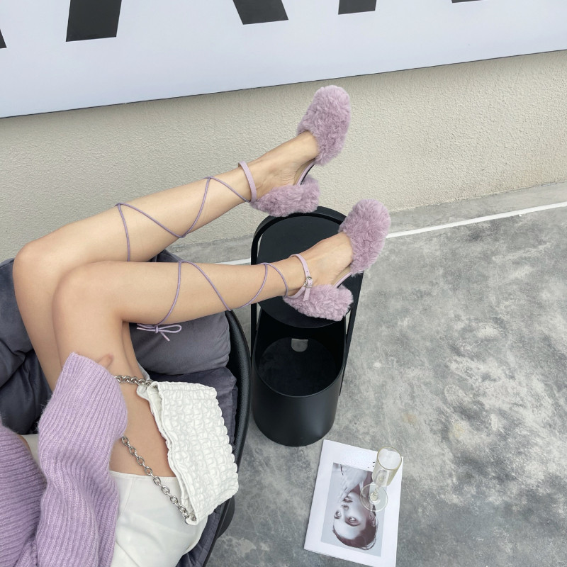 Pantofi pentru femei 2023, la modă, sandale pentru femei, cu blană, sandale cu toc mijlociu, patrat, elegant, pantofi sexy de petrecere