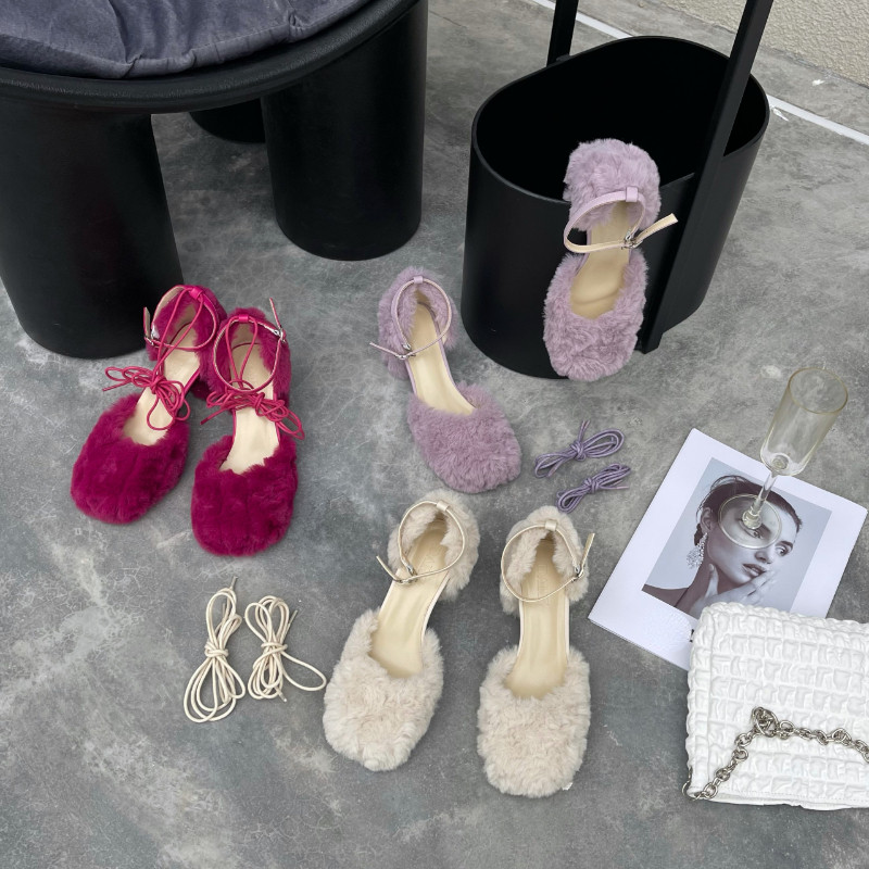 Pantofi pentru femei 2023, la modă, sandale pentru femei, cu blană, sandale cu toc mijlociu, patrat, elegant, pantofi sexy de petrecere