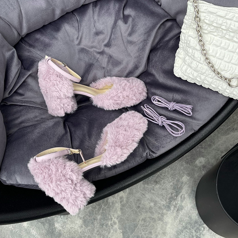 Pantofi pentru femei 2023, la modă, sandale pentru femei, cu blană, sandale cu toc mijlociu, patrat, elegant, pantofi sexy de petrecere