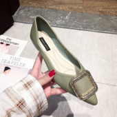 Platformă metalică cu nasturi pătrați pantofi pentru femei, piele moale, cu temperament, pantofi plat pentru femei, cu vârf ascuțit, pantofi cu barcă retro, cu toc scăzut