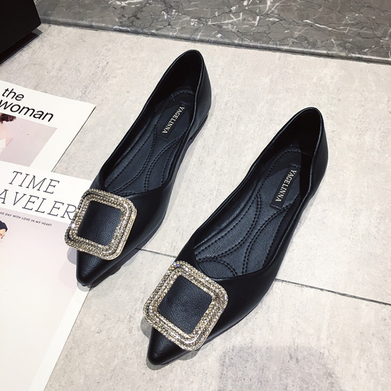 Platformă metalică cu nasturi pătrați pantofi pentru femei, piele moale, cu temperament, pantofi plat pentru femei, cu vârf ascuțit, pantofi cu barcă retro, cu toc scăzut