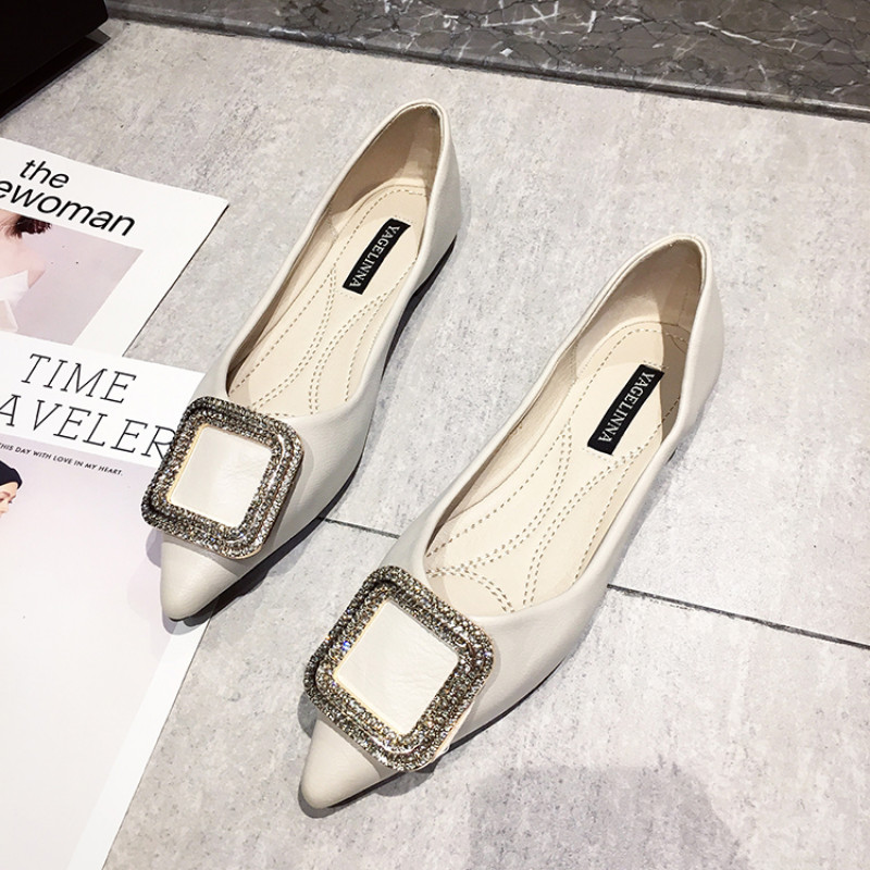 Platformă metalică cu nasturi pătrați pantofi pentru femei, piele moale, cu temperament, pantofi plat pentru femei, cu vârf ascuțit, pantofi cu barcă retro, cu toc scăzut