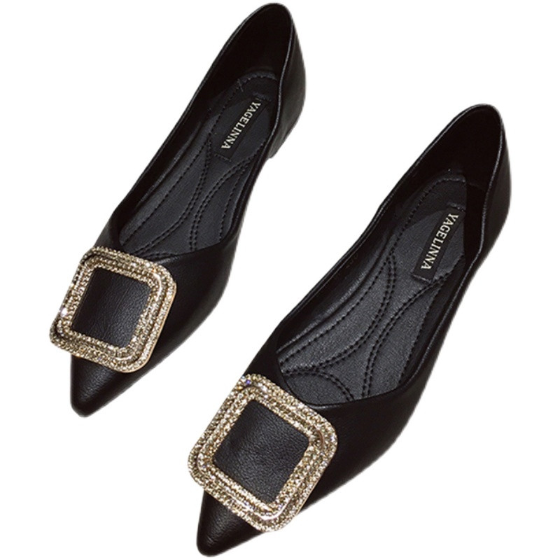 Platformă metalică cu nasturi pătrați pantofi pentru femei, piele moale, cu temperament, pantofi plat pentru femei, cu vârf ascuțit, pantofi cu barcă retro, cu toc scăzut