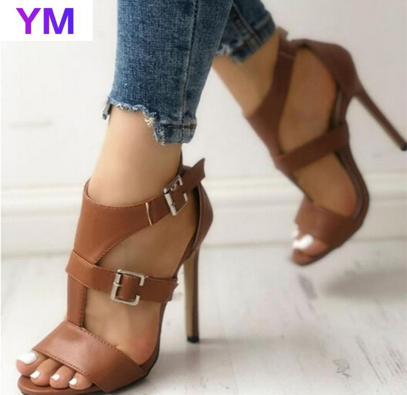 2021 m. Gladiator Fine Moteriški sandalai Vasariniai aukštakulniai Odiniai pirštai su kulkšnies sagtimi Moteriški vakarėlio batai Juodi Sandalia Mujer