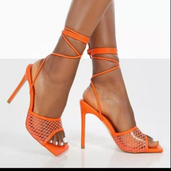 2022 Римски Секси Мрежести Дамски Високи Токове с каишка на глезена Големи размери Дамски сандали с квадратна глава Стилет с отворени пръсти Дамски Zapatos De Mujer